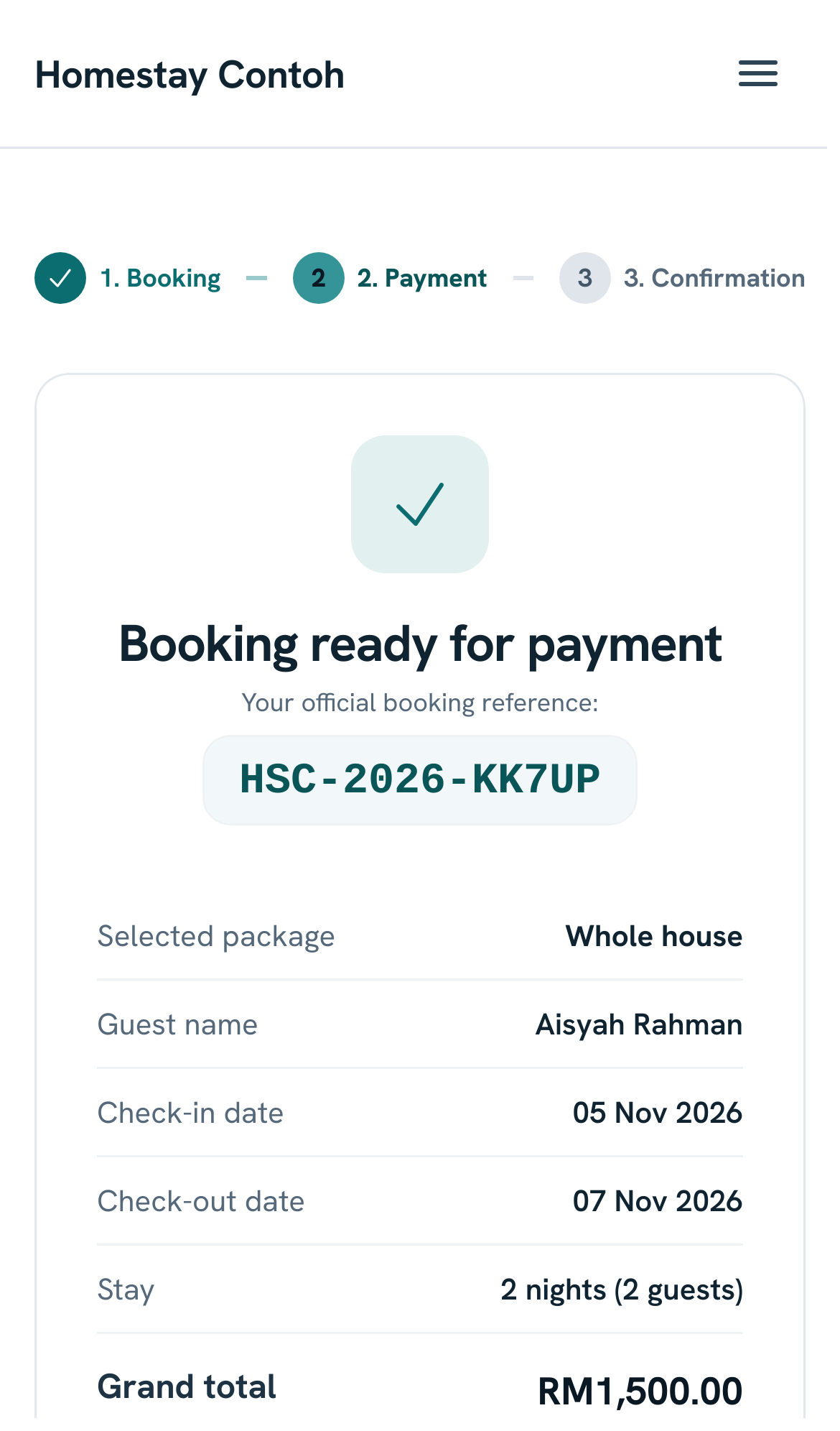 Payment page with the booking reference and total