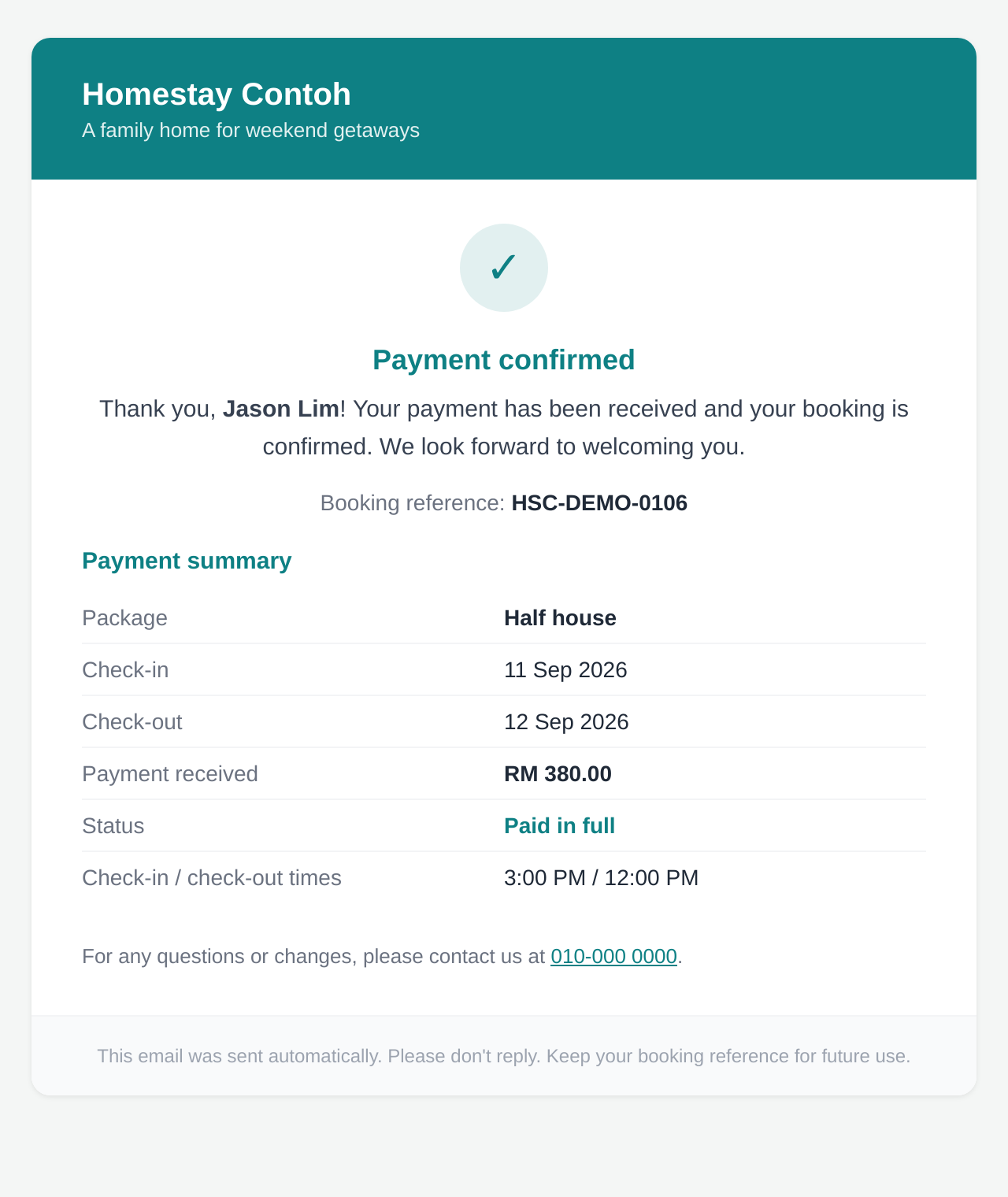 Payment confirmation email with the booking summary