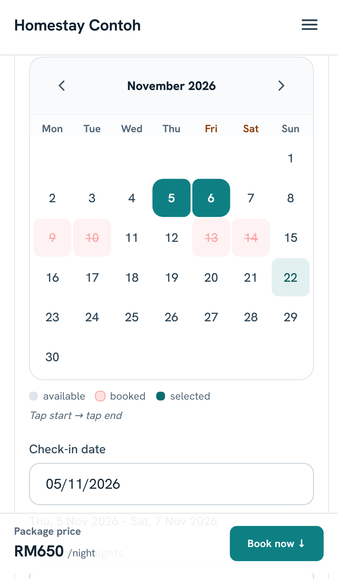 Guest screen on a phone: availability calendar with two nights selected