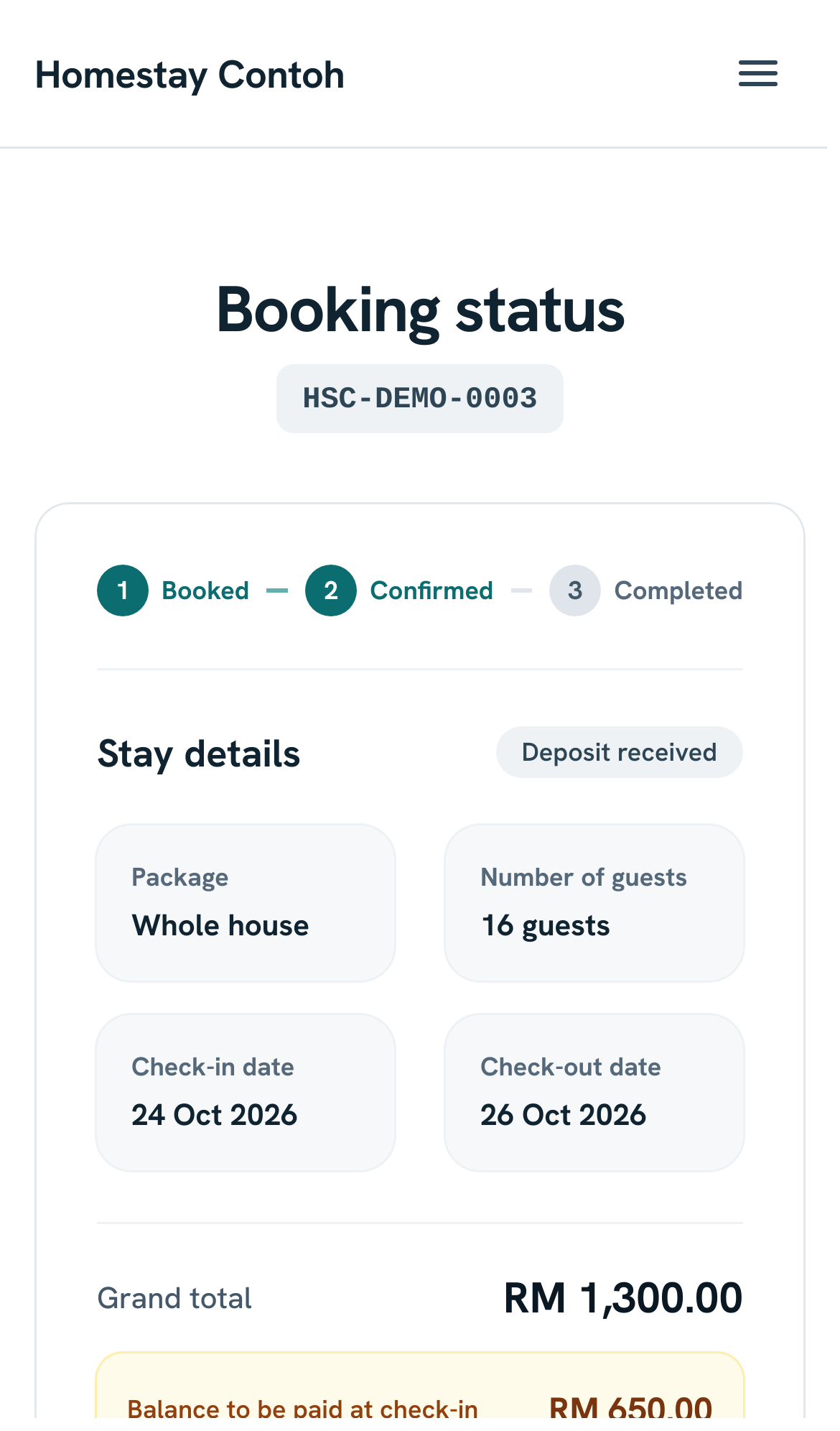 Booking lookup page with status and details